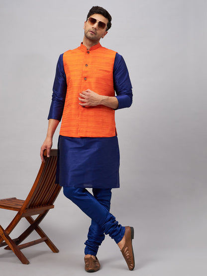 VASTRAMAY Men's Orange Jacket With Blue Solid Silk Blend Kurta and Pyjama Set