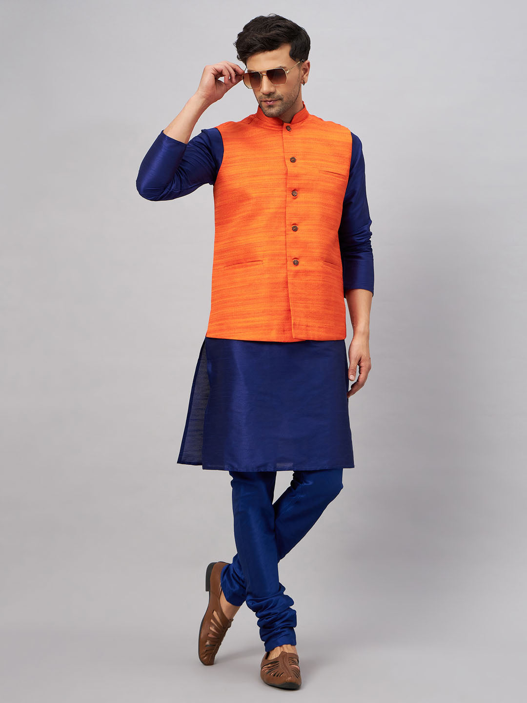 VASTRAMAY Men's Orange Jacket With Blue Solid Silk Blend Kurta and Pyjama Set