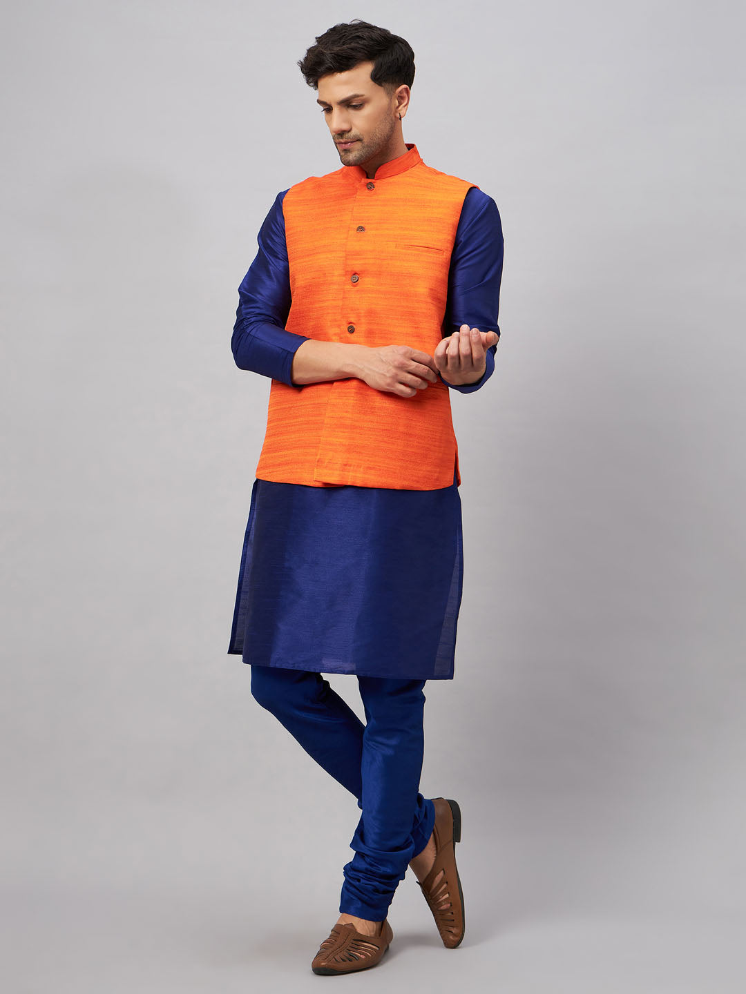 VASTRAMAY Men's Orange Jacket With Blue Solid Silk Blend Kurta and Pyjama Set