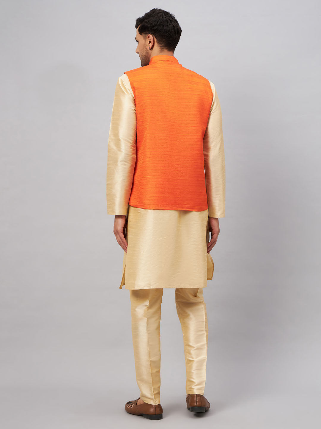 VASTRAMAY Men's Orange Matka Silk Nehru Jacket With Gold Silk Blend Kurta and Pant style Pyjama Set