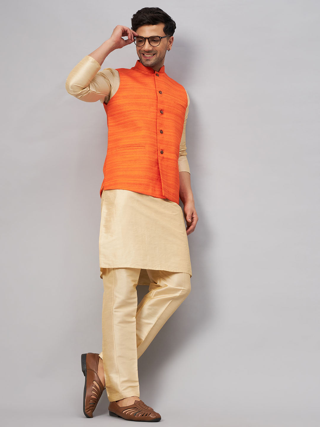 VASTRAMAY Men's Orange Matka Silk Nehru Jacket With Gold Silk Blend Kurta and Pant style Pyjama Set