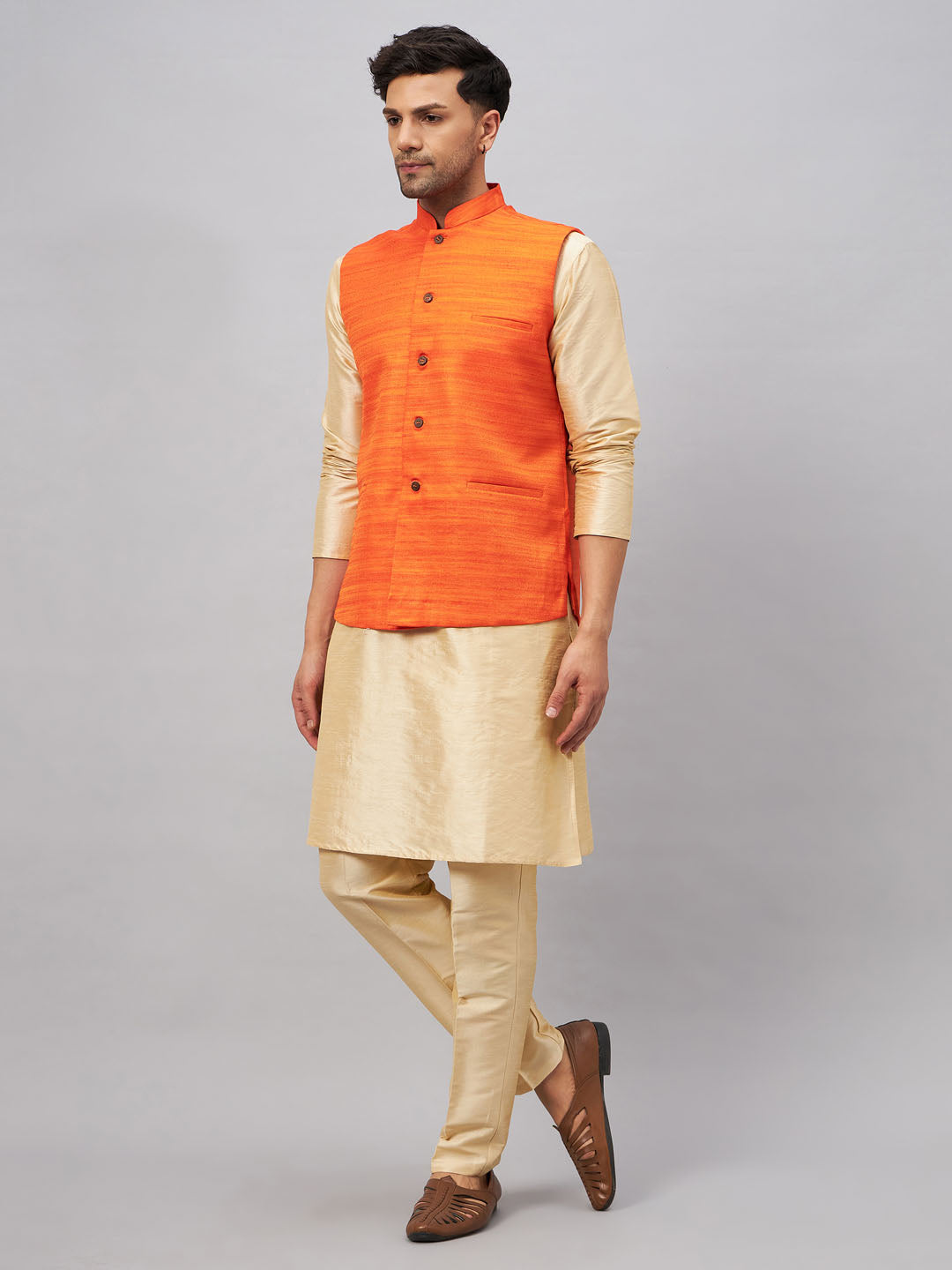 VASTRAMAY Men's Orange Matka Silk Nehru Jacket With Gold Silk Blend Kurta and Pant style Pyjama Set