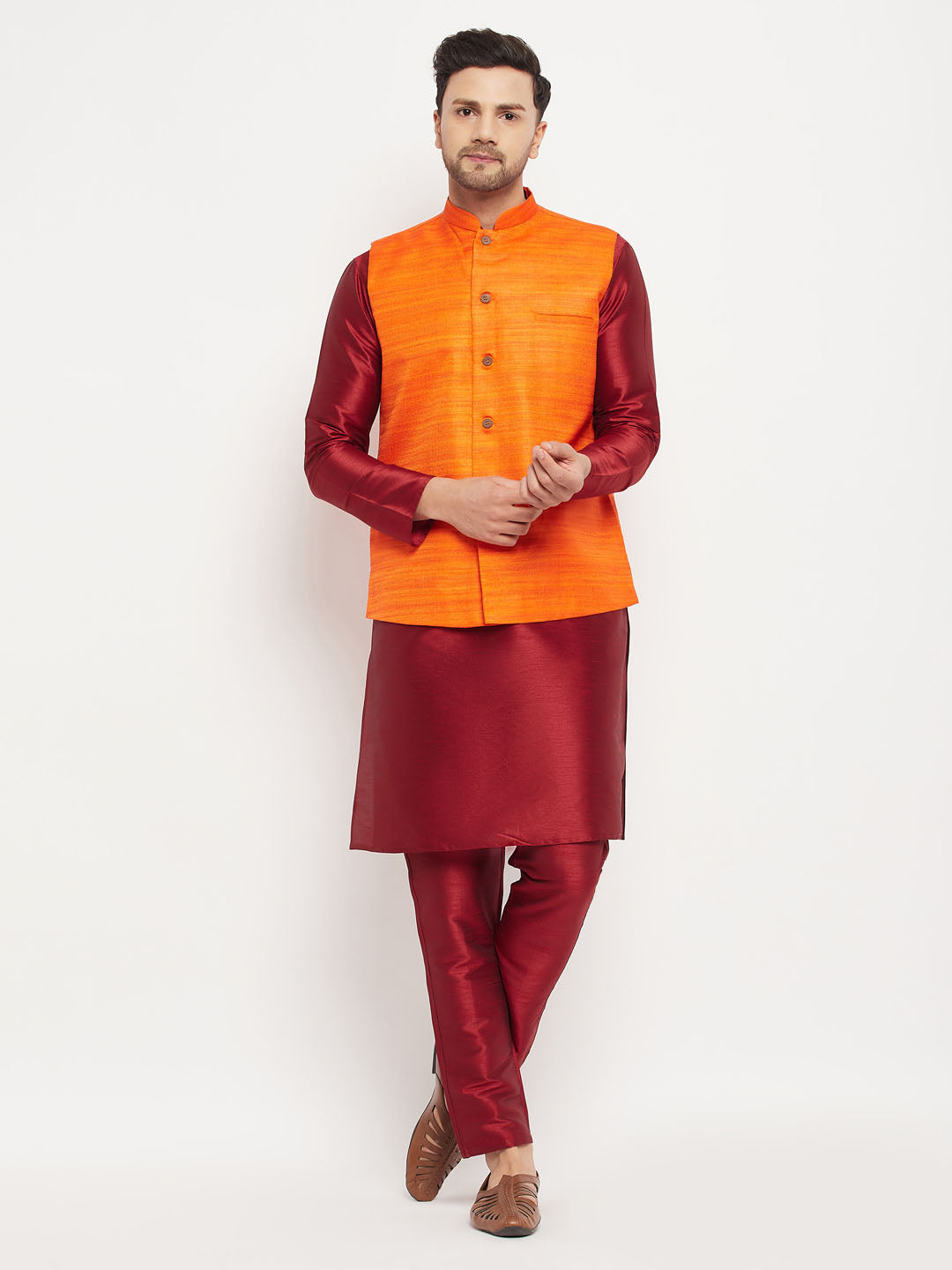 Vastramay mens orange matka silk nehru jacket with maroon silk blend kurta and pant style pyjama set