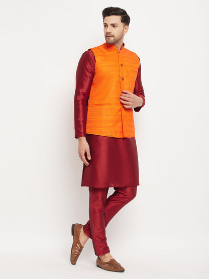 Vastramay mens orange matka silk nehru jacket with maroon silk blend kurta and pant style pyjama set