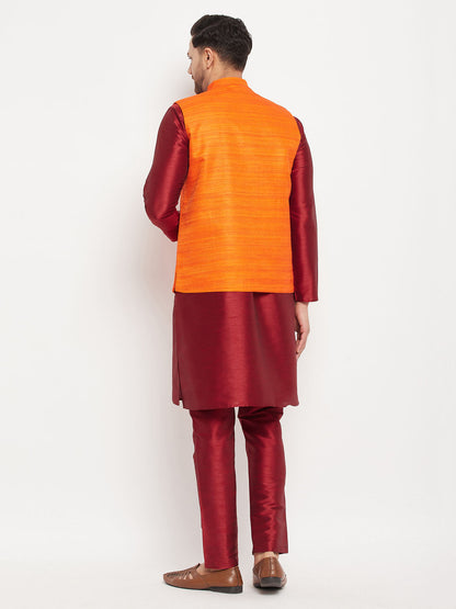 Vastramay mens orange matka silk nehru jacket with maroon silk blend kurta and pant style pyjama set