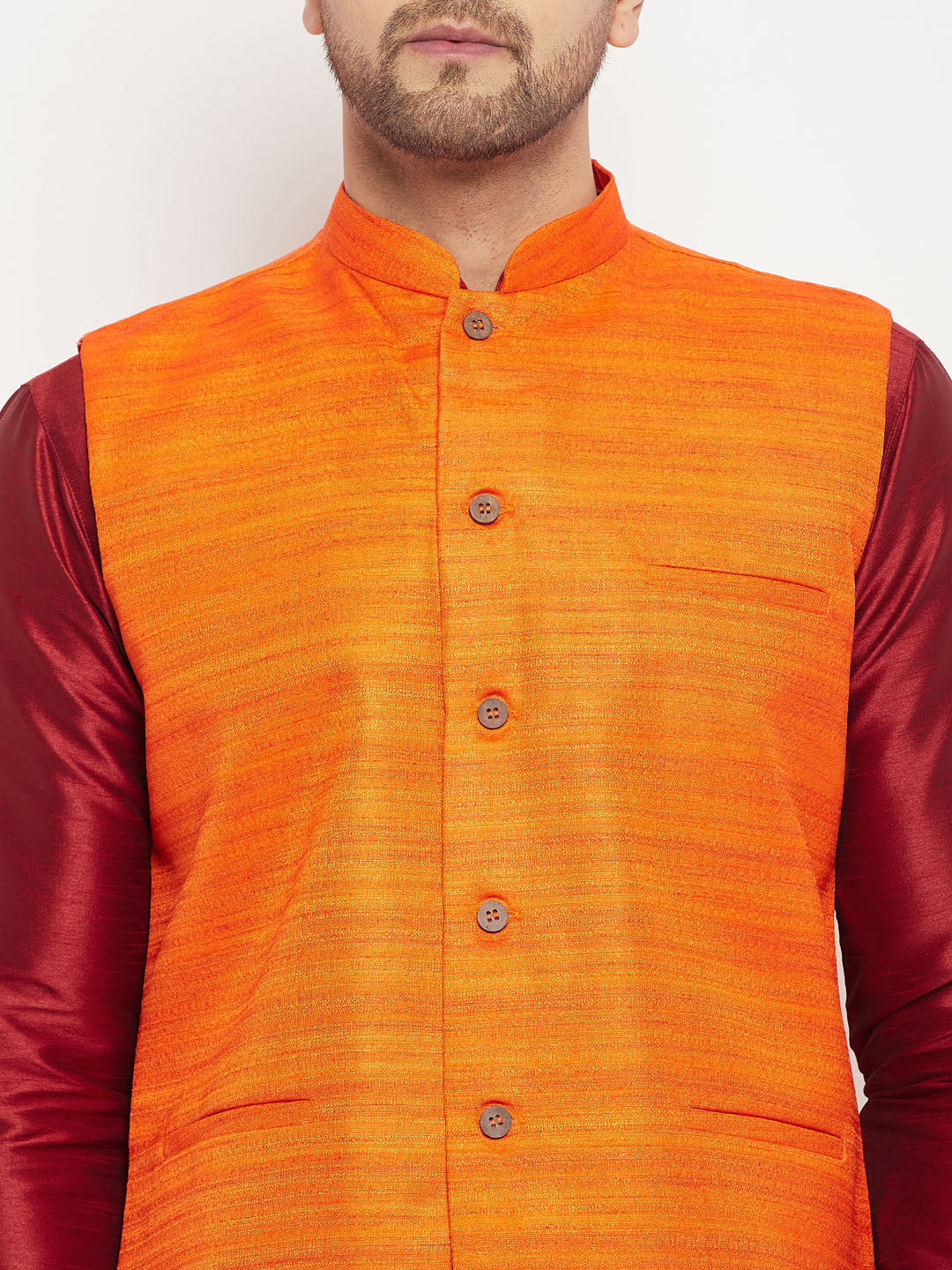 Vastramay mens orange matka silk nehru jacket with maroon silk blend kurta and pant style pyjama set