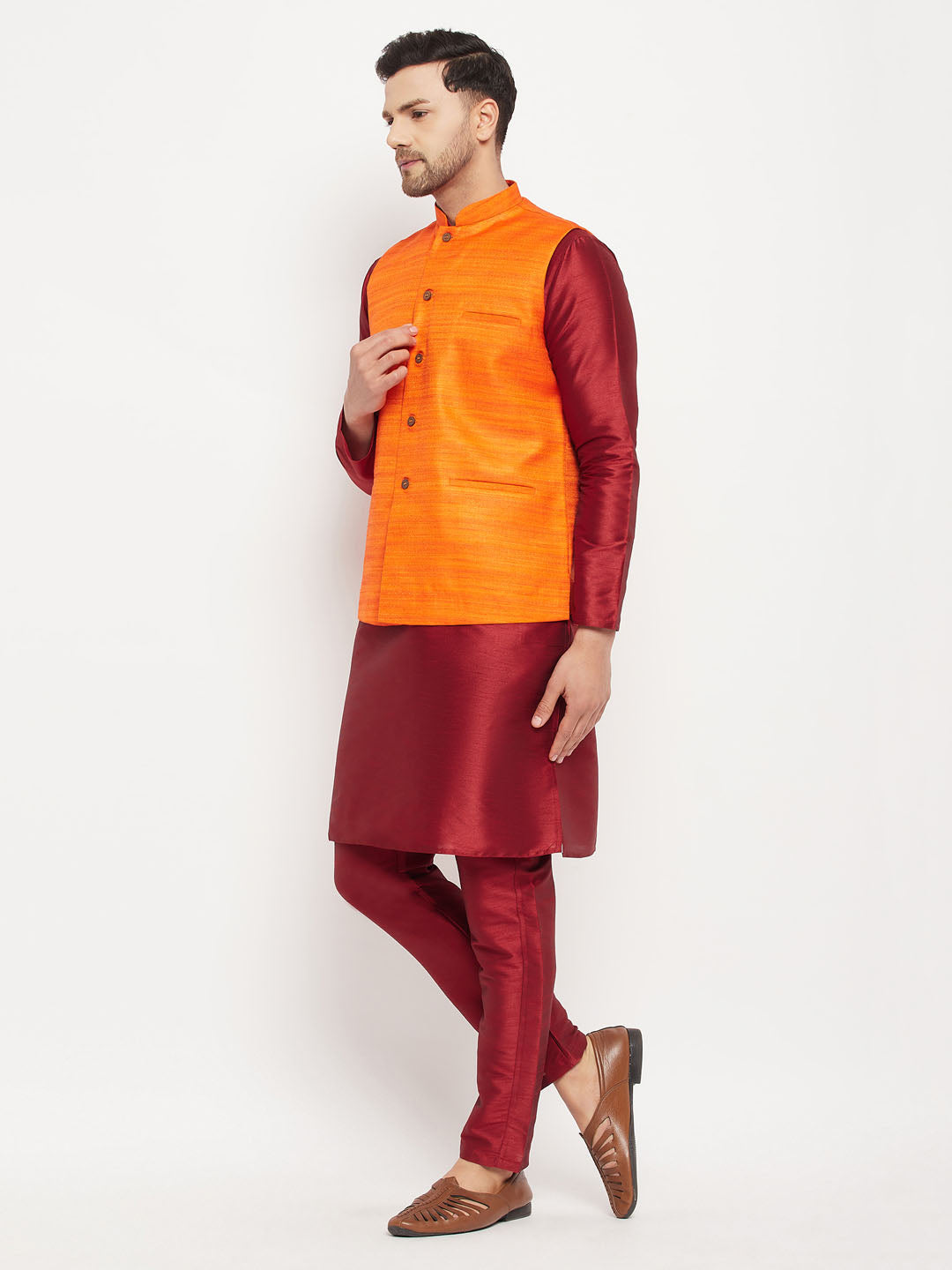 Vastramay mens orange matka silk nehru jacket with maroon silk blend kurta and pant style pyjama set