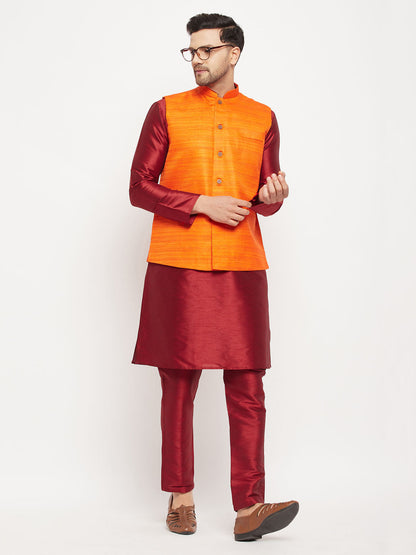 Vastramay mens orange matka silk nehru jacket with maroon silk blend kurta and pant style pyjama set