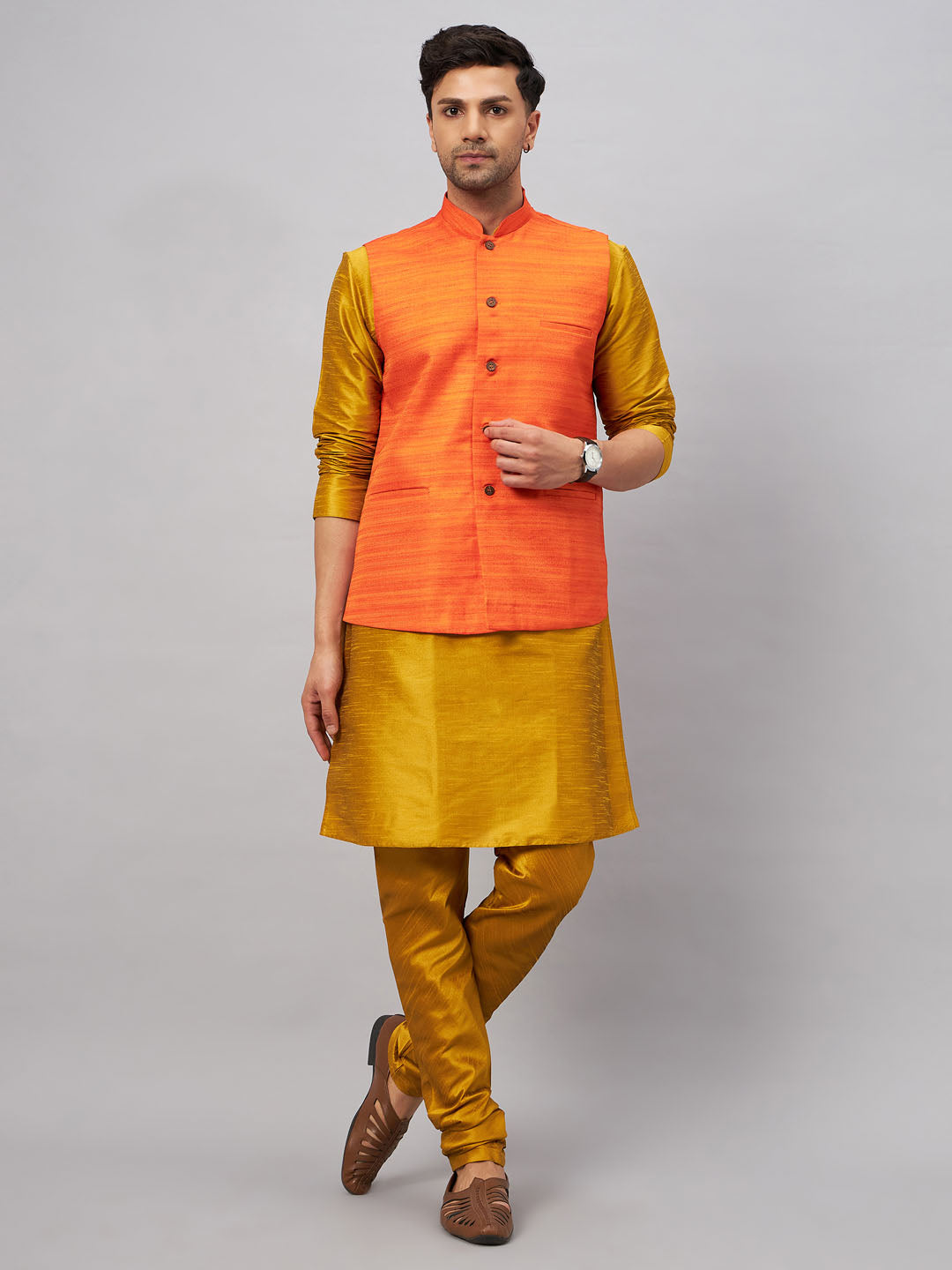 VASTRAMAY Men's Orange Jacket With Mustard Kurta And Pyjama Set