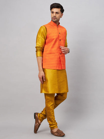 VASTRAMAY Men's Orange Jacket With Mustard Kurta And Pyjama Set