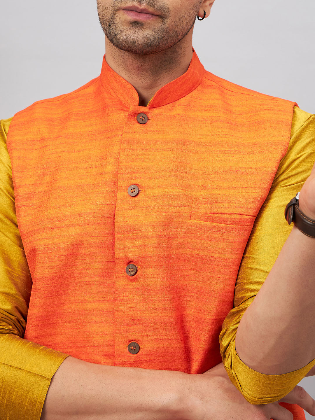 vastramay mens orange jacket with mustard kurta and pyjama set