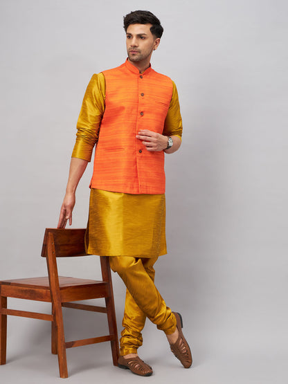 VASTRAMAY Men's Orange Jacket With Mustard Kurta And Pyjama Set