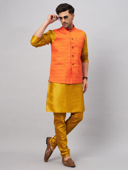 VASTRAMAY Men's Orange Jacket With Mustard Kurta And Pyjama Set