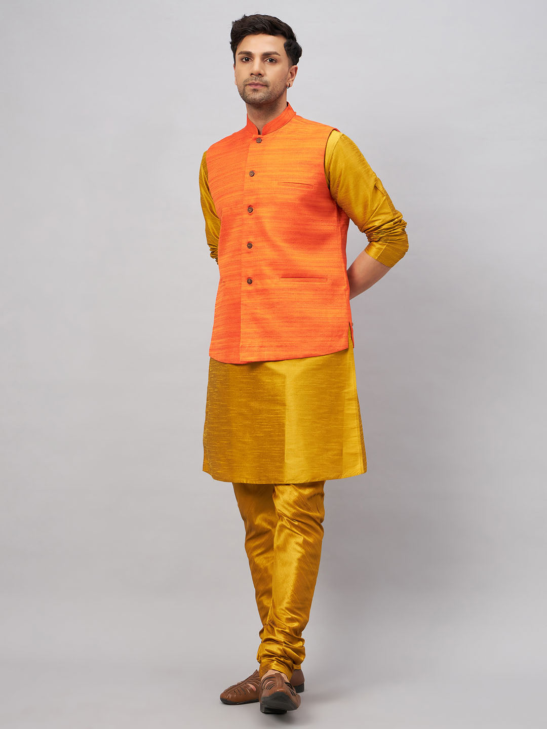 VASTRAMAY Men's Orange Jacket With Mustard Kurta And Pyjama Set