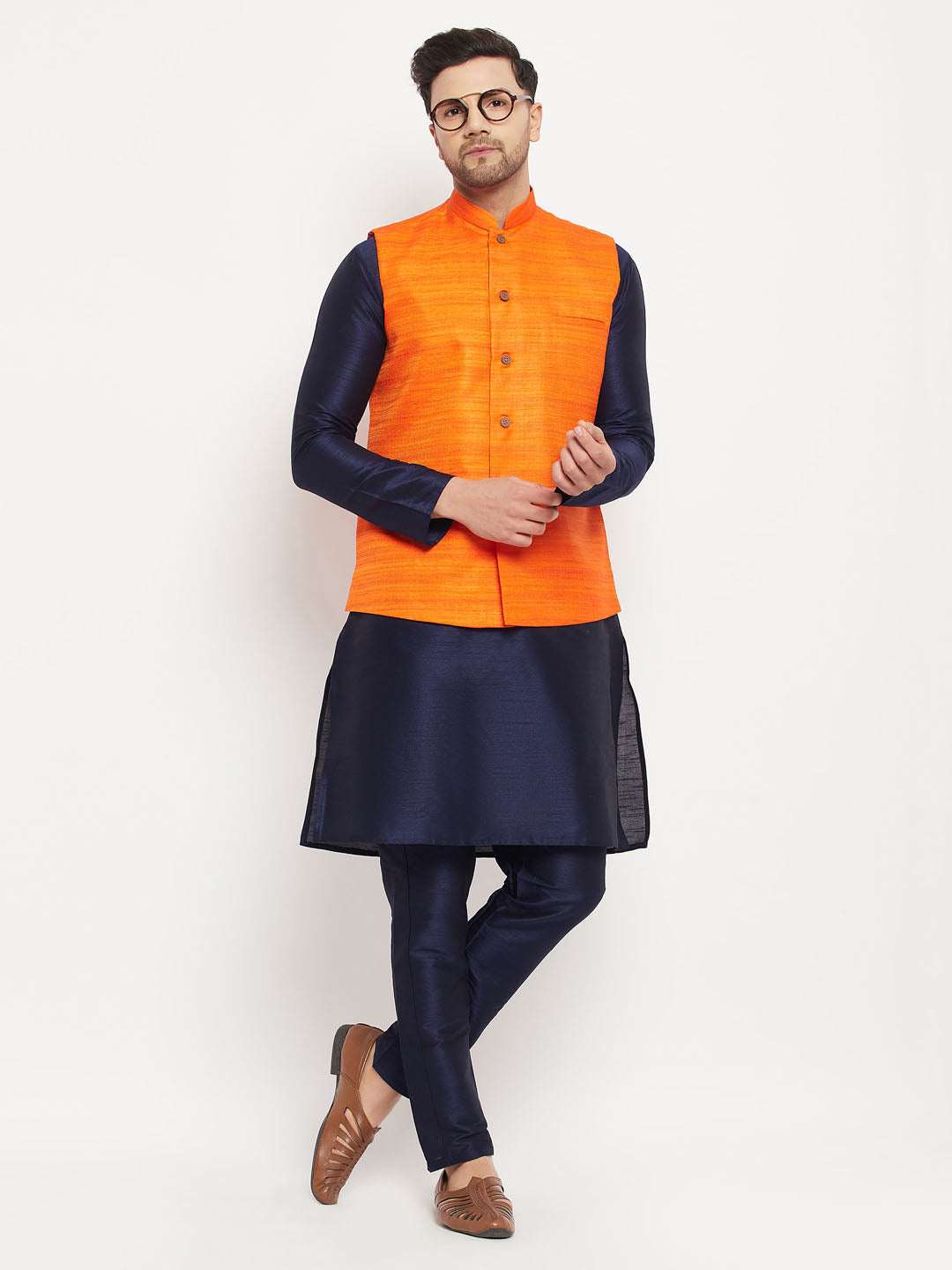 Vastramay mens orange matka silk nehru jacket with navy blue silk blend kurta and pant style pyjama set