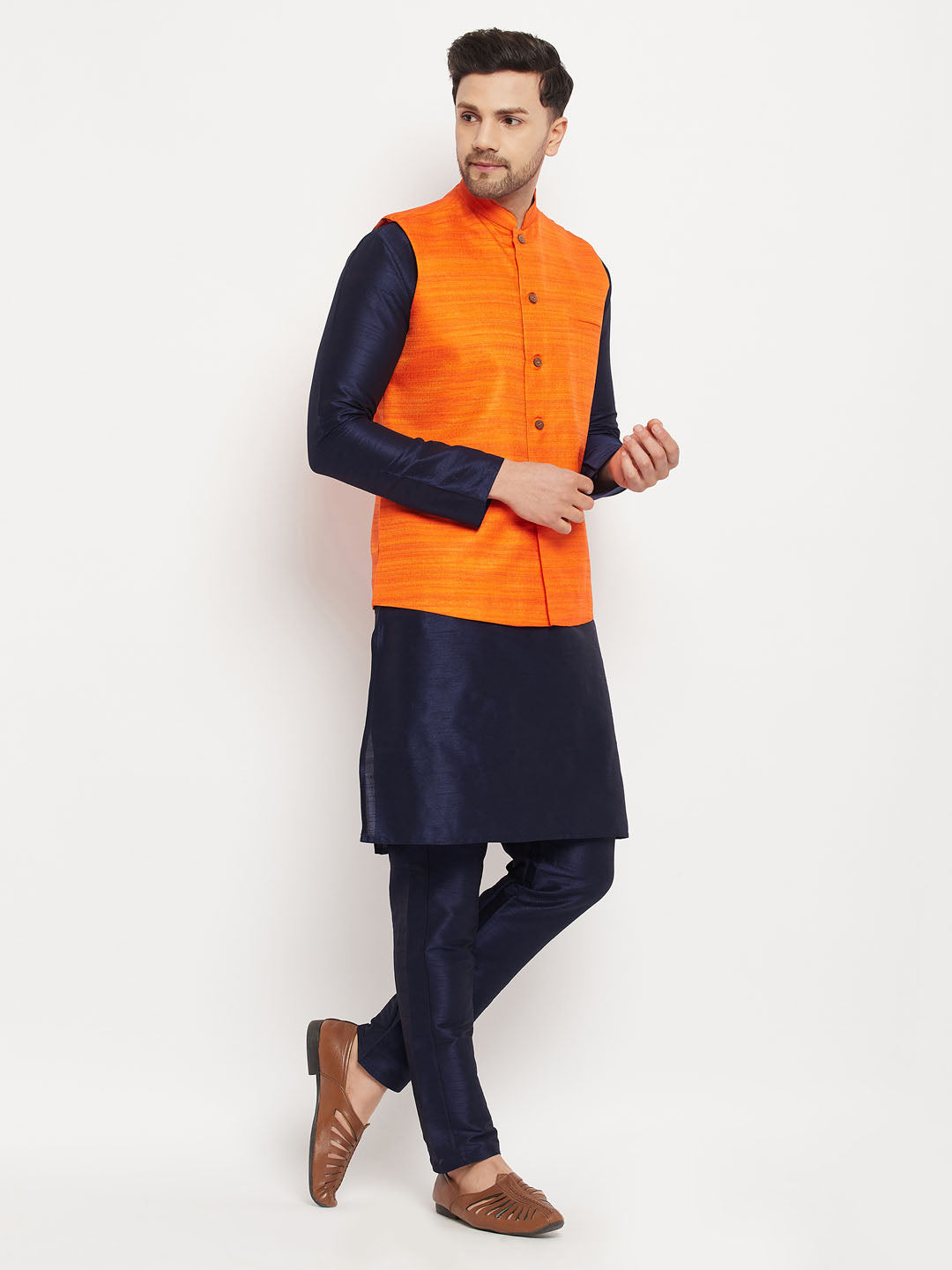 Vastramay mens orange matka silk nehru jacket with navy blue silk blend kurta and pant style pyjama set