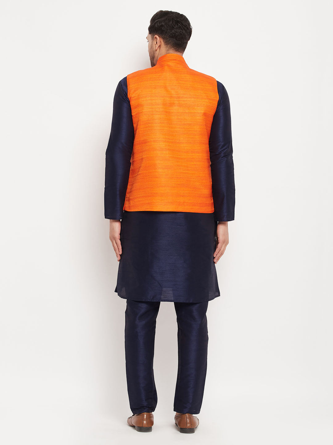 Vastramay mens orange matka silk nehru jacket with navy blue silk blend kurta and pant style pyjama set