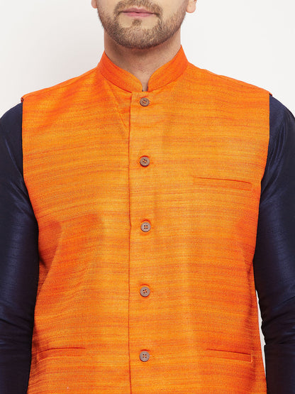 Vastramay mens orange matka silk nehru jacket with navy blue silk blend kurta and pant style pyjama set