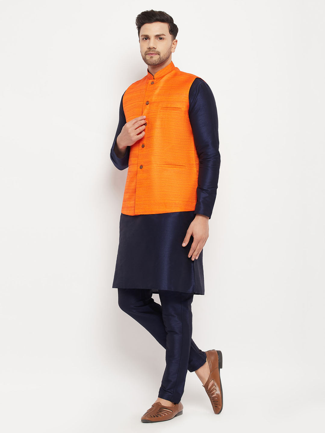 Vastramay mens orange matka silk nehru jacket with navy blue silk blend kurta and pant style pyjama set