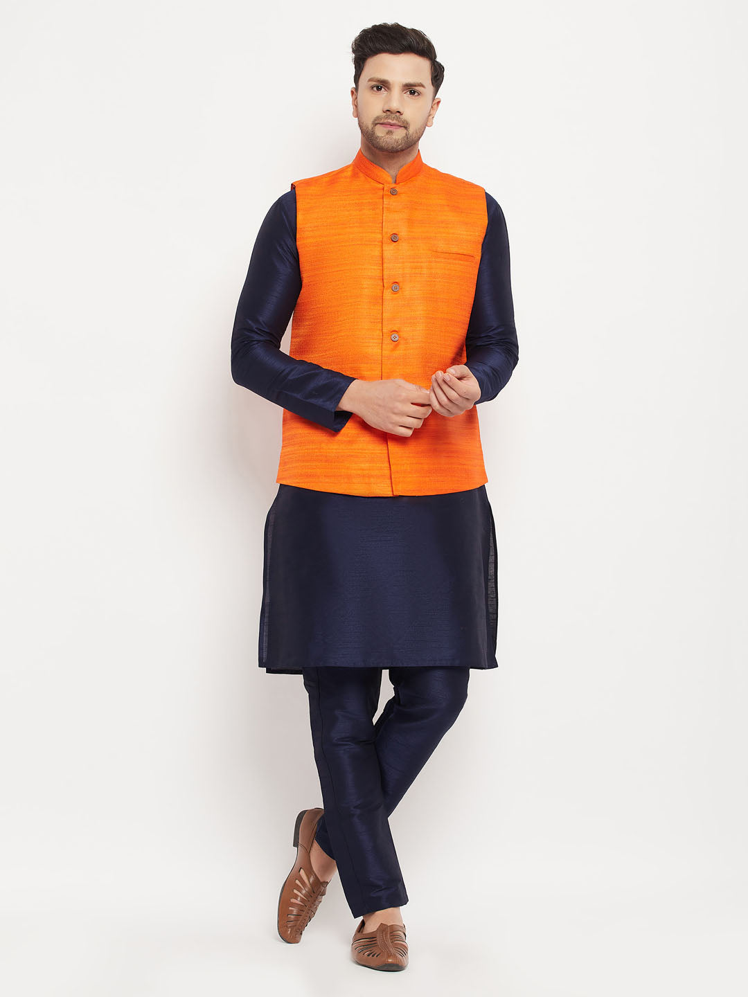 Vastramay mens orange matka silk nehru jacket with navy blue silk blend kurta and pant style pyjama set