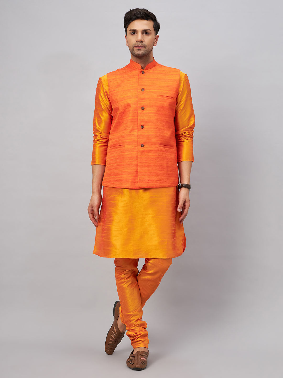 VASTRAMAY Men's Orange Jacket With Kurta And Pyjama Set