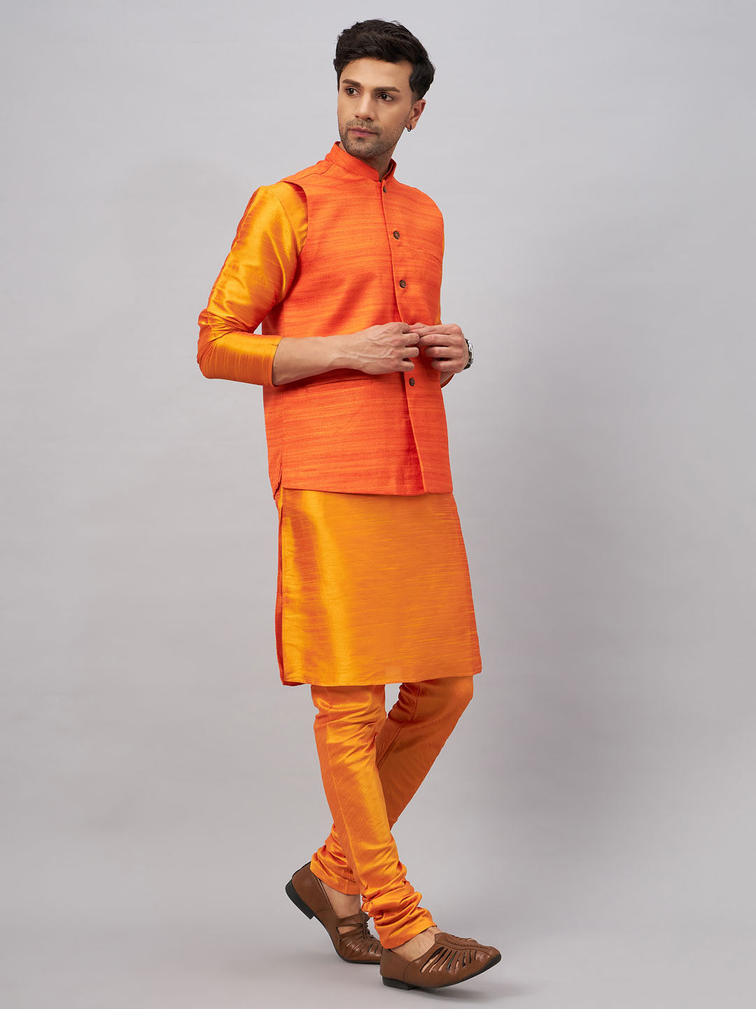 VASTRAMAY Men's Orange Jacket With Kurta And Pyjama Set