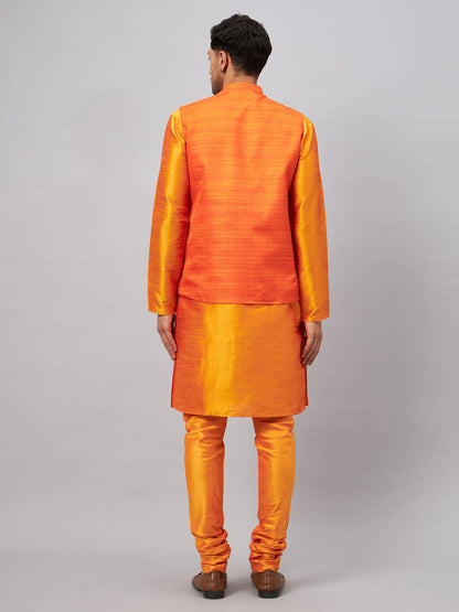 VASTRAMAY Men's Orange Jacket With Kurta And Pyjama Set