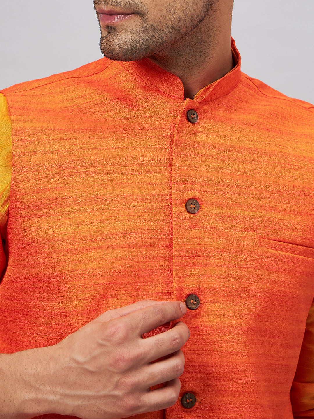 Vastramay Men's Orange Jacket With Kurta And Pyjama Set