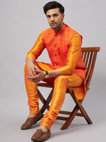 VASTRAMAY Men's Orange Jacket With Kurta And Pyjama Set