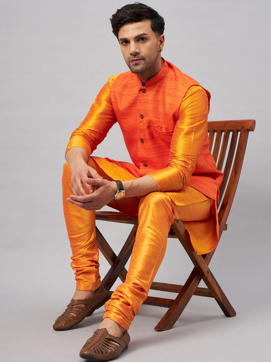 VASTRAMAY Men's Orange Jacket With Kurta And Pyjama Set