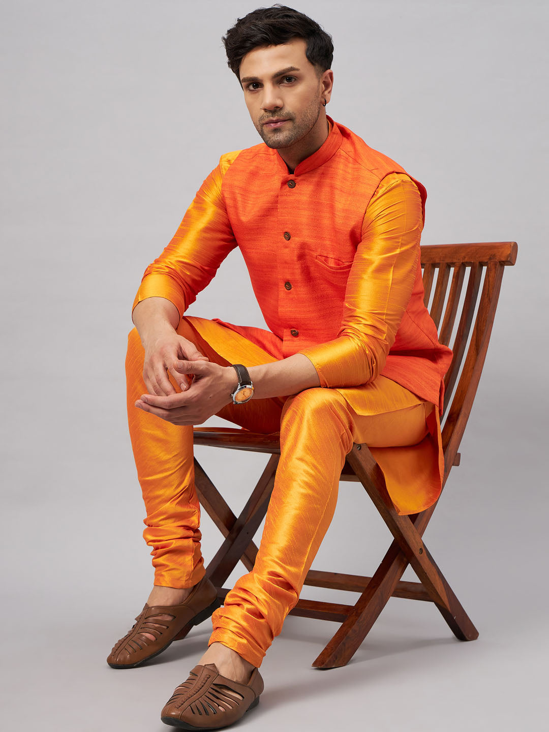 Vastramay Men's Orange Jacket With Kurta And Pyjama Set