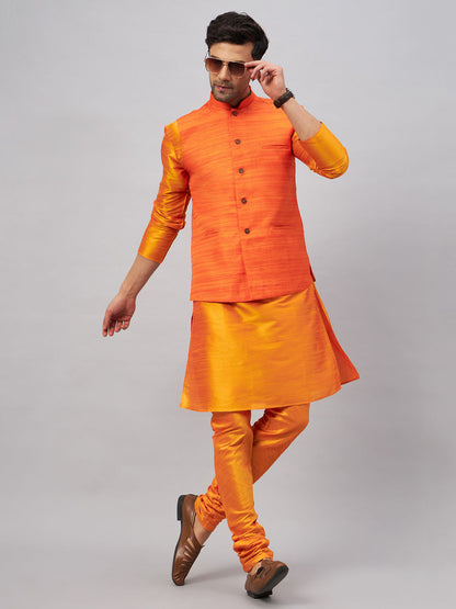 VASTRAMAY Men's Orange Jacket With Kurta And Pyjama Set