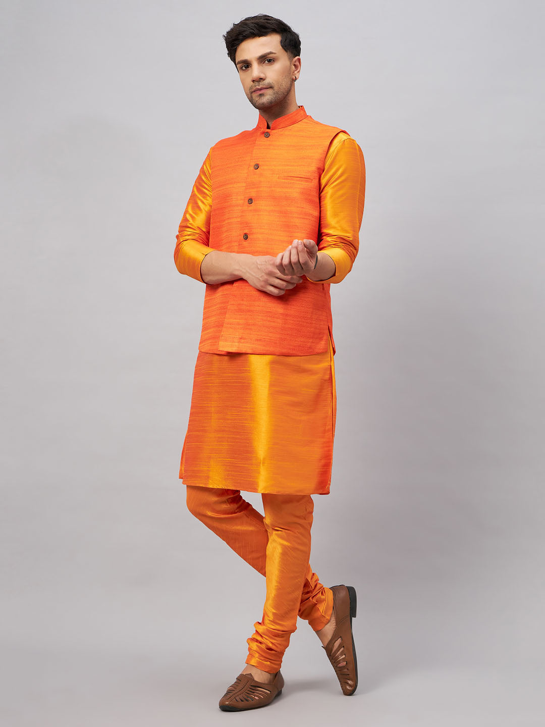 Vastramay Men's Orange Jacket With Kurta And Pyjama Set