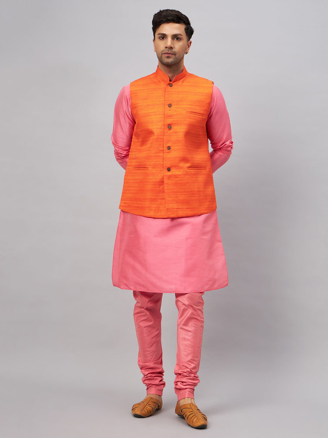 VASTRAMAY Men's Orange Jacket With Pink Kurta And Pyjama Set