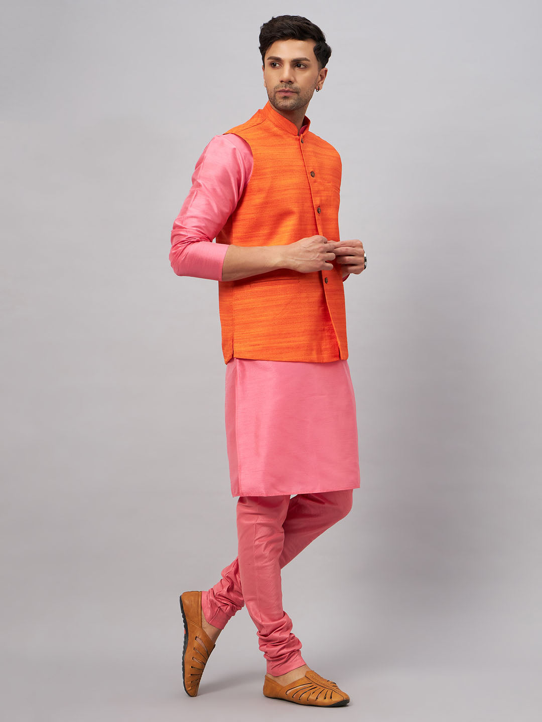 VASTRAMAY Men's Orange Jacket With Pink Kurta And Pyjama Set