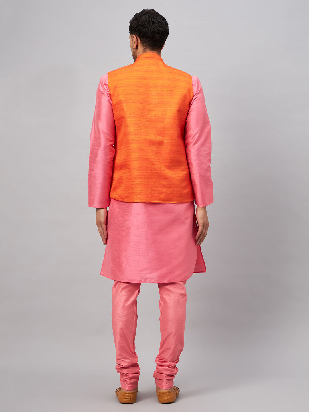 VASTRAMAY Men's Orange Jacket With Pink Kurta And Pyjama Set