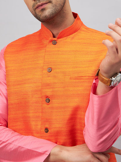 VASTRAMAY Men's Orange Jacket With Pink Kurta And Pyjama Set