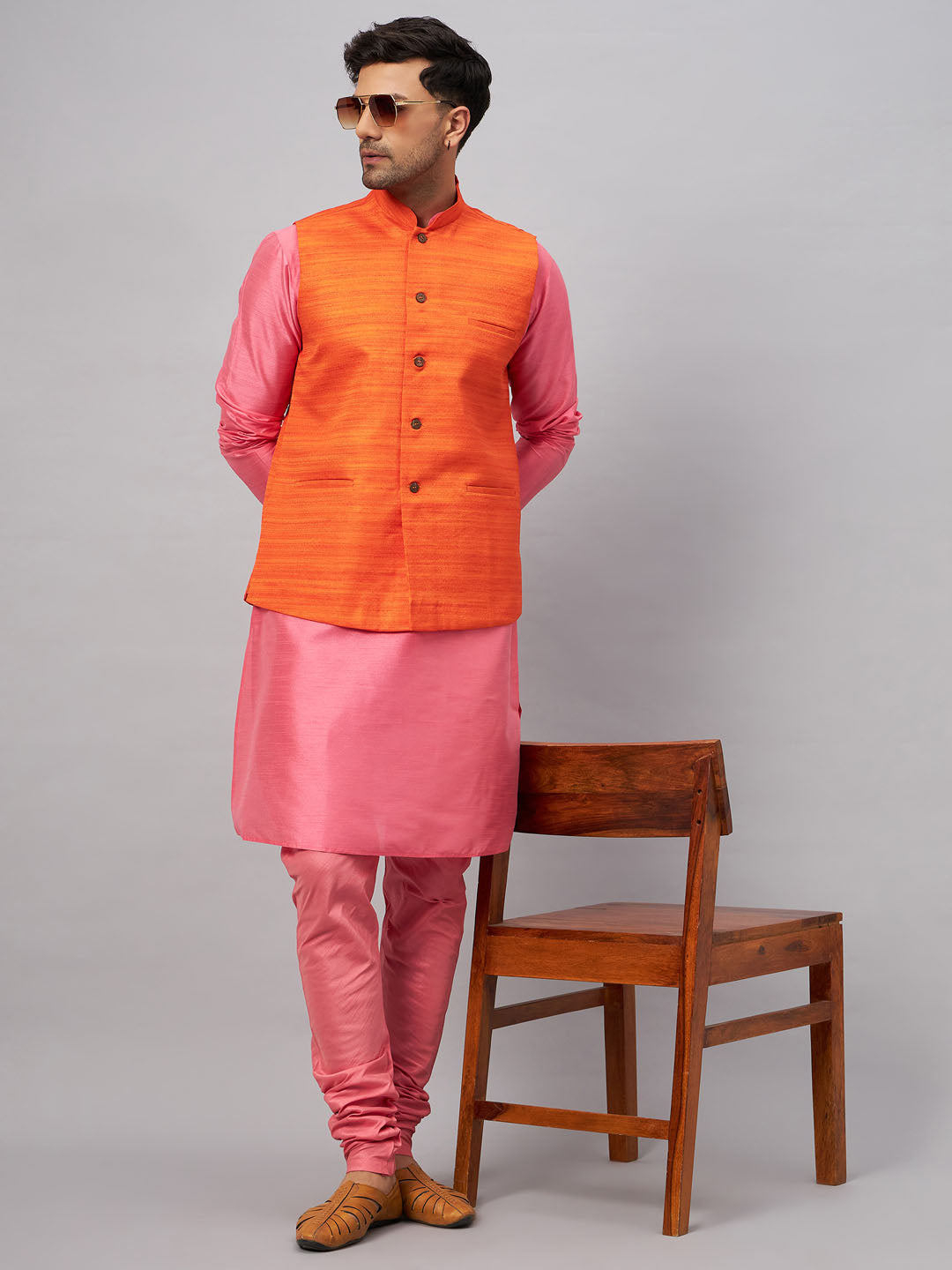 VASTRAMAY Men's Orange Jacket With Pink Kurta And Pyjama Set