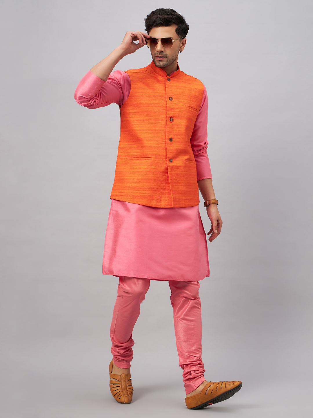 VASTRAMAY Men's Orange Jacket With Pink Kurta And Pyjama Set