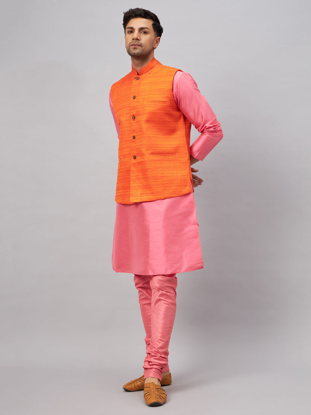 VASTRAMAY Men's Orange Jacket With Pink Kurta And Pyjama Set