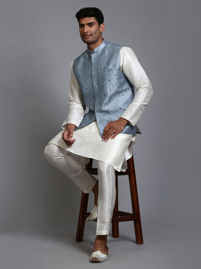 VM BY VASTRAMAY Men's Grey Embellished Jacket with Cream Kurta Pant Set