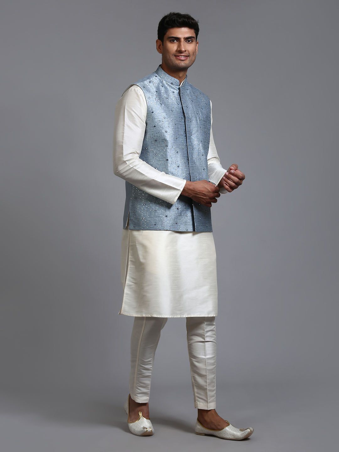 VASTRAMAY Men's Grey Embellished Jacket with Cream Kurta Pant Set