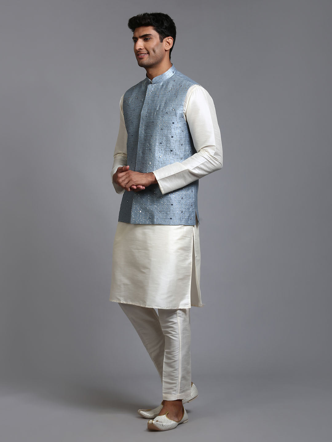 VASTRAMAY Men's Grey Embellished Jacket with Cream Kurta Pant Set