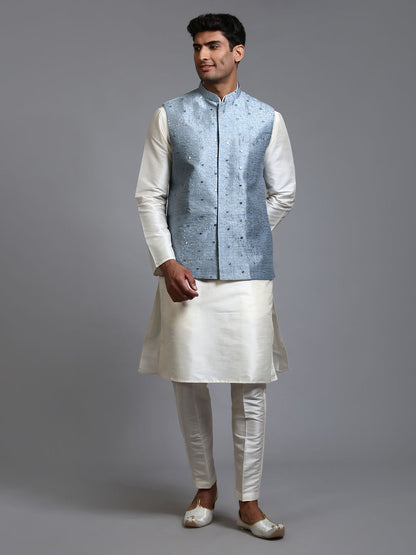 VASTRAMAY Men's Grey Embellished Jacket with Cream Kurta Pant Set