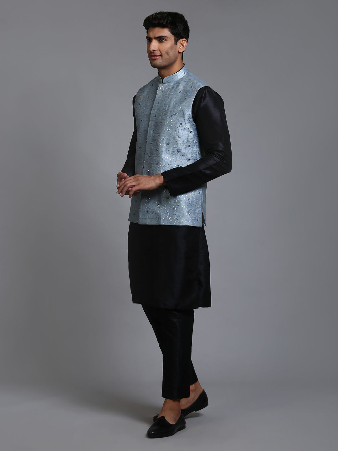 VASTRAMAY Men's Grey Embellished Jacket with Black Kurta Pant Set