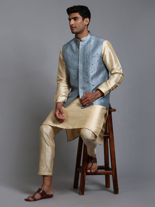 VASTRAMAY Men's Grey Embellished Jacket with Gold Kurta Pant Set