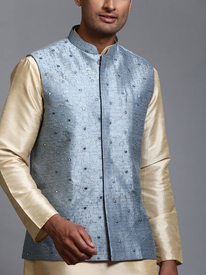 VASTRAMAY Men's Grey Embellished Jacket with Gold Kurta Pant Set