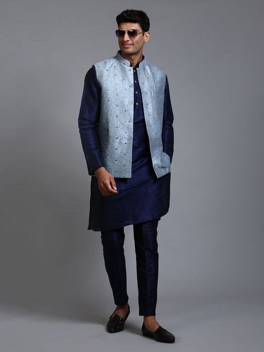 VASTRAMAY Men's Grey Embellished Jacket with Navy Blue Kurta Pant Set