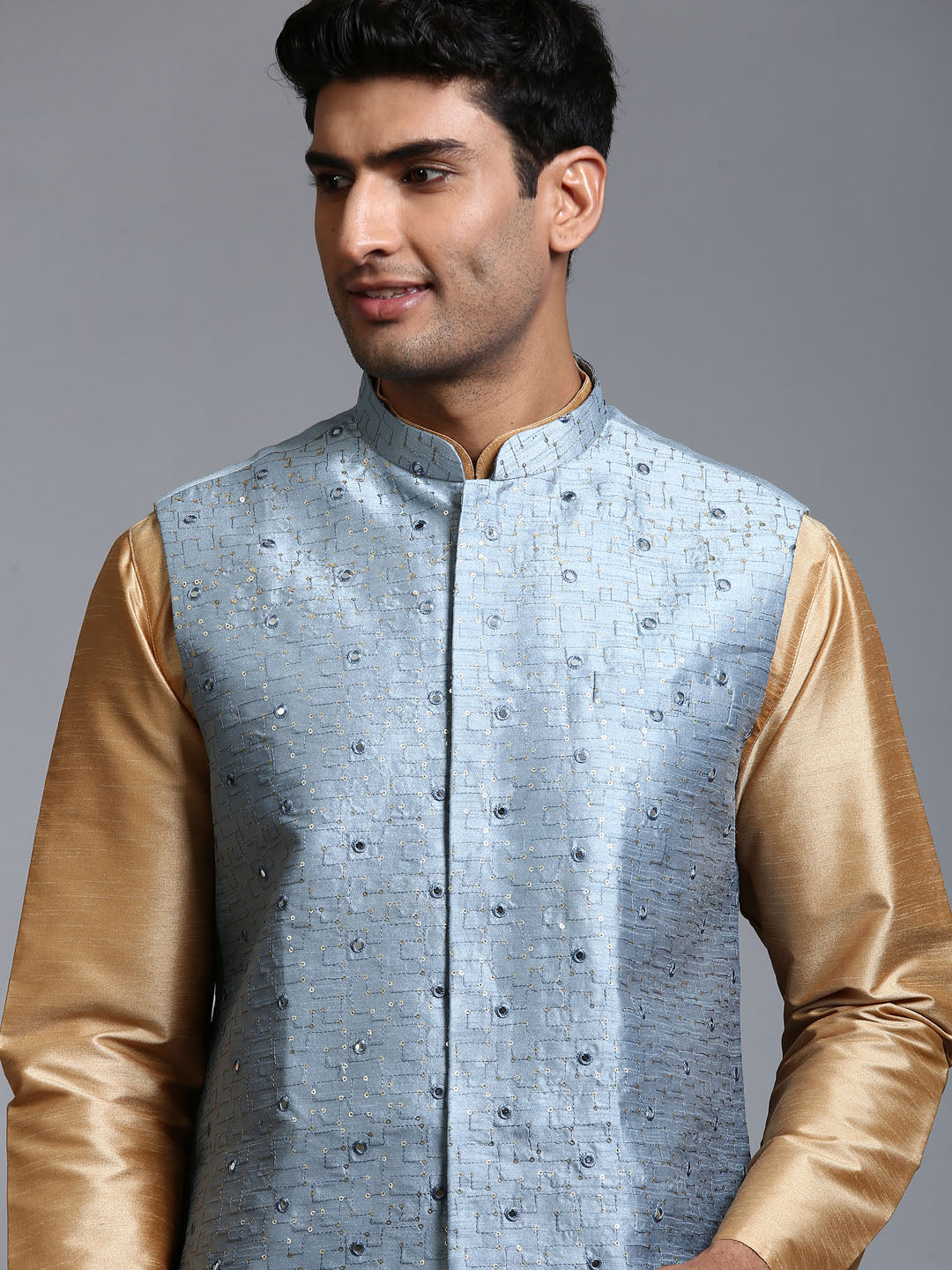 VASTRAMAY Men's Grey Embellished Jacket with Rose Gold Kurta Pant Set