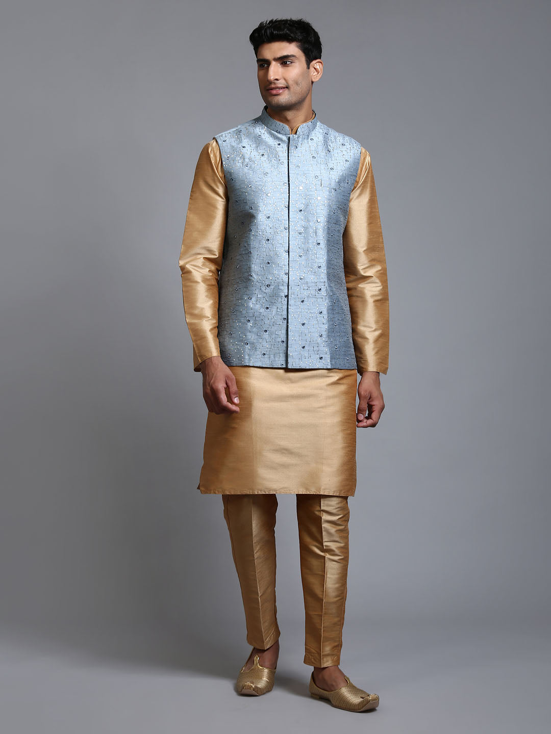 VASTRAMAY Men's Grey Embellished Jacket with Rose Gold Kurta Pant Set